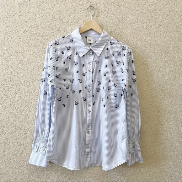 Cabi Whitney Shirt Top Button Stripe Floral Ruffle Casual Chic Blue Medium - Picture 3 of 14